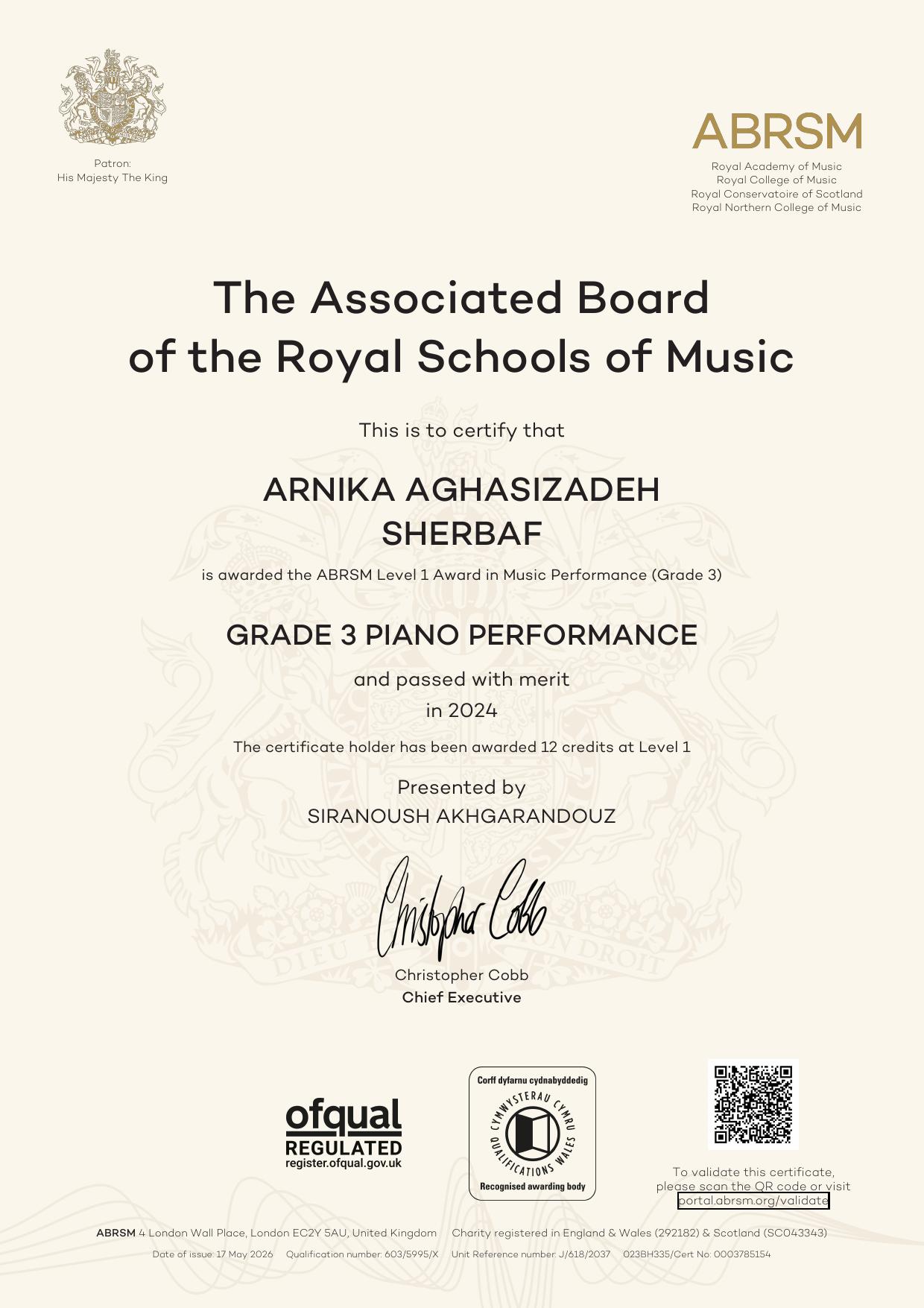 Arnika Aghasizadeh Sherbaf - RCM Grade 3 Piano Certificate