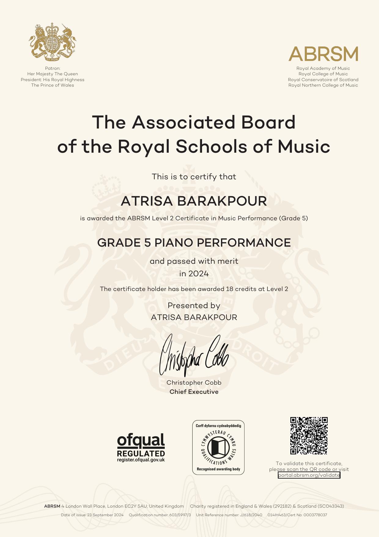 Atrisa Barakpour - RCM Grade 5 Piano Certificate