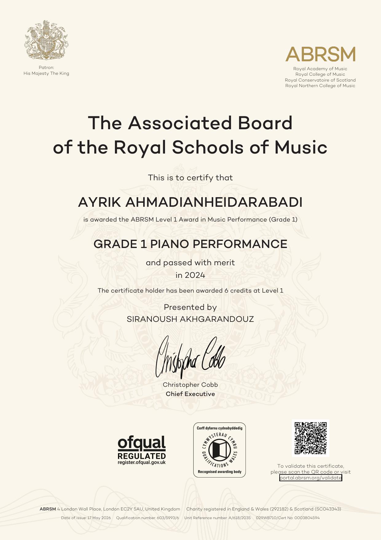 Ayrik Ahmadian Heidarabadi - RCM Grade 1 Piano Certificate