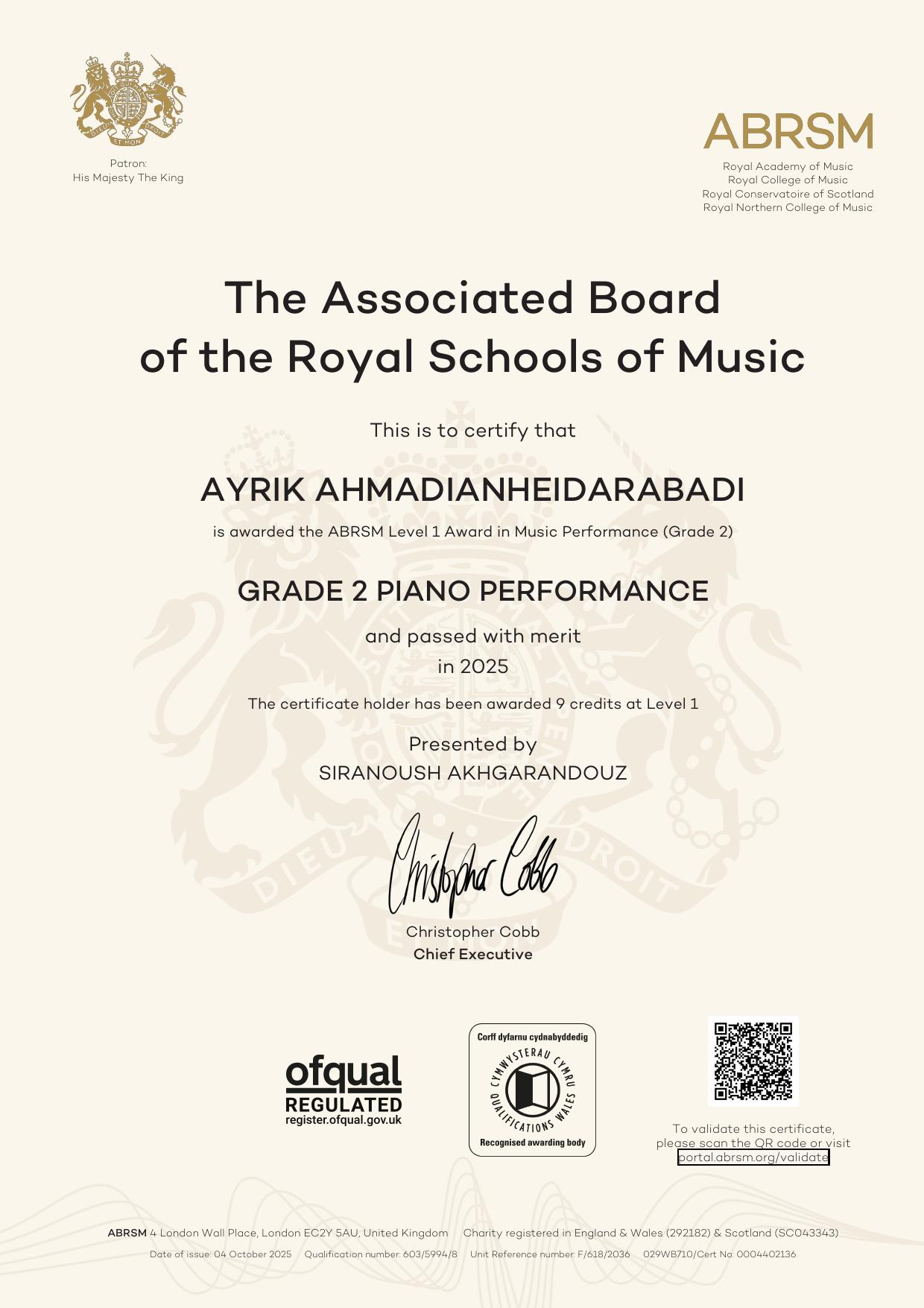 Ayrik Ahmadian Heidarabadi - RCM Grade 2 Piano Certificate