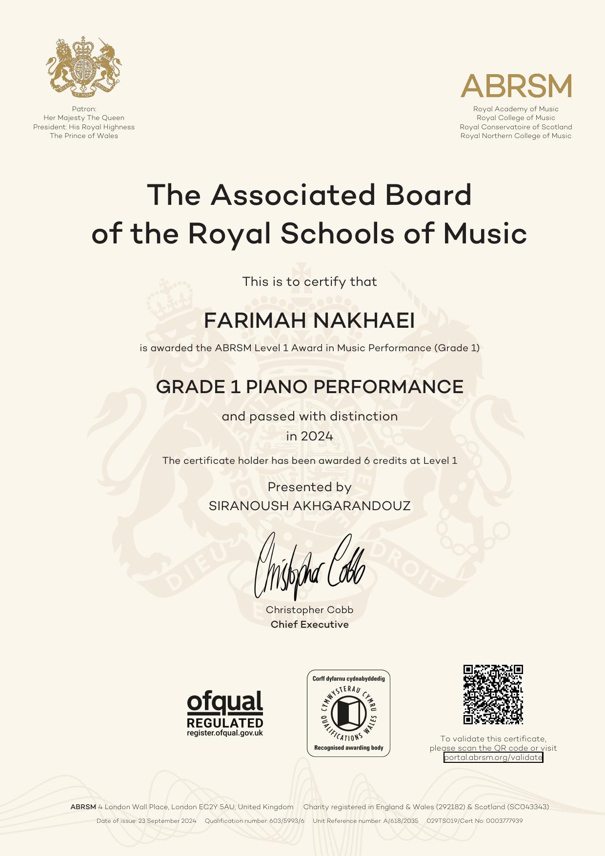 Farimah Nakhaei - RCM Grade 1 Piano Certificate