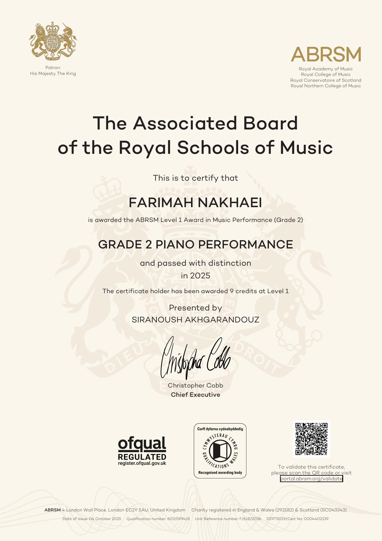 Farimah Nakhaei - RCM Grade 2 Piano Certificate
