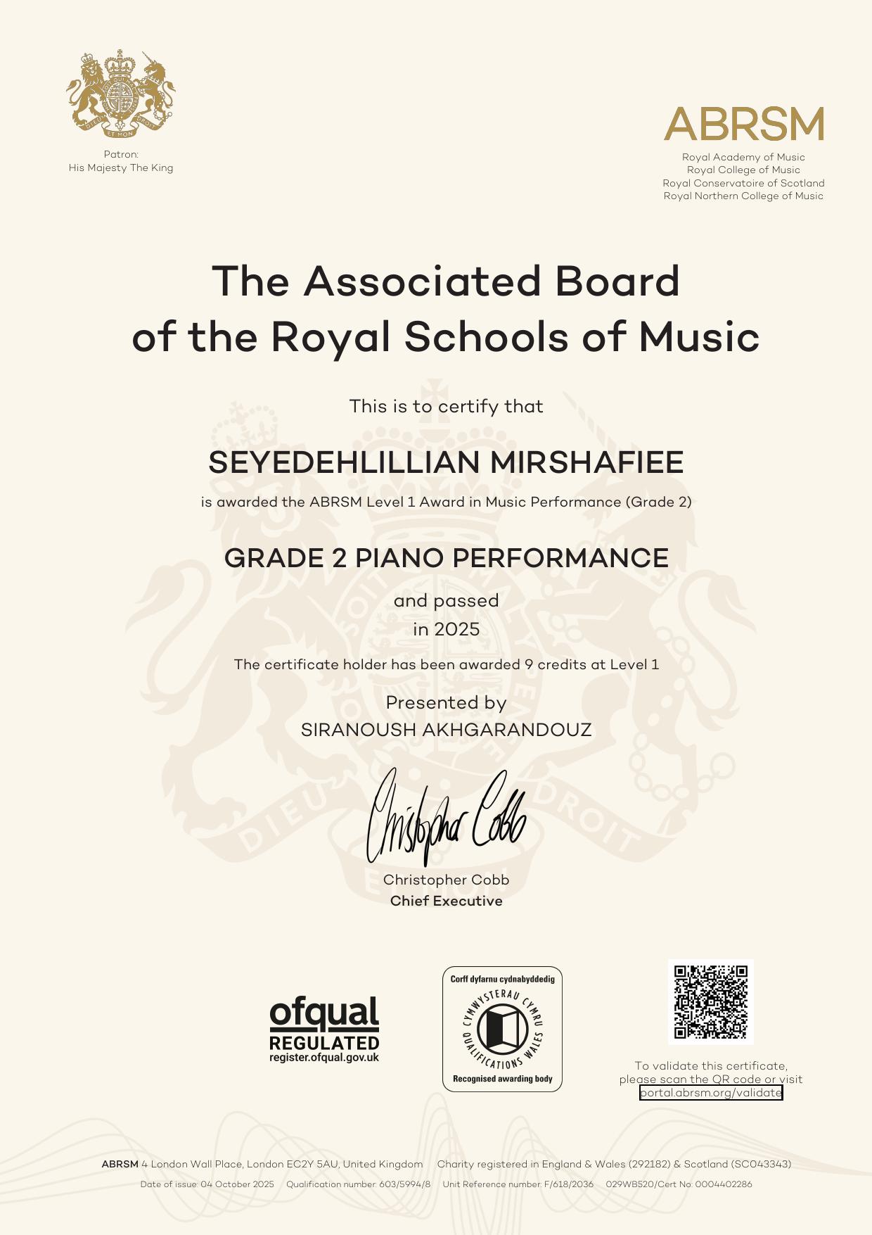 Seyedeh Lillian Mirshafiee - RCM Grade 2 Piano Certificate