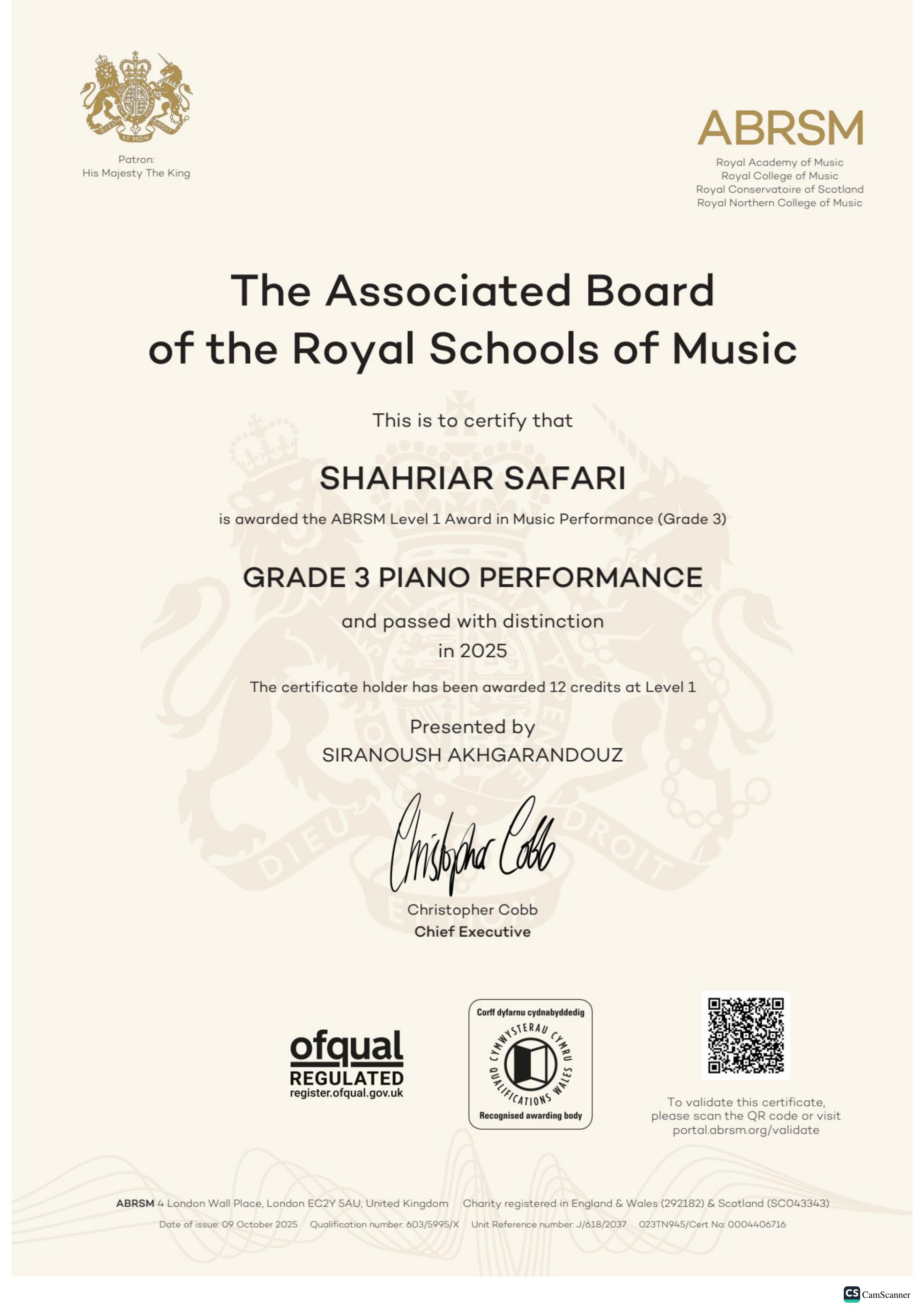 Shahriar Safari - RCM Grade 3 Piano Certificate