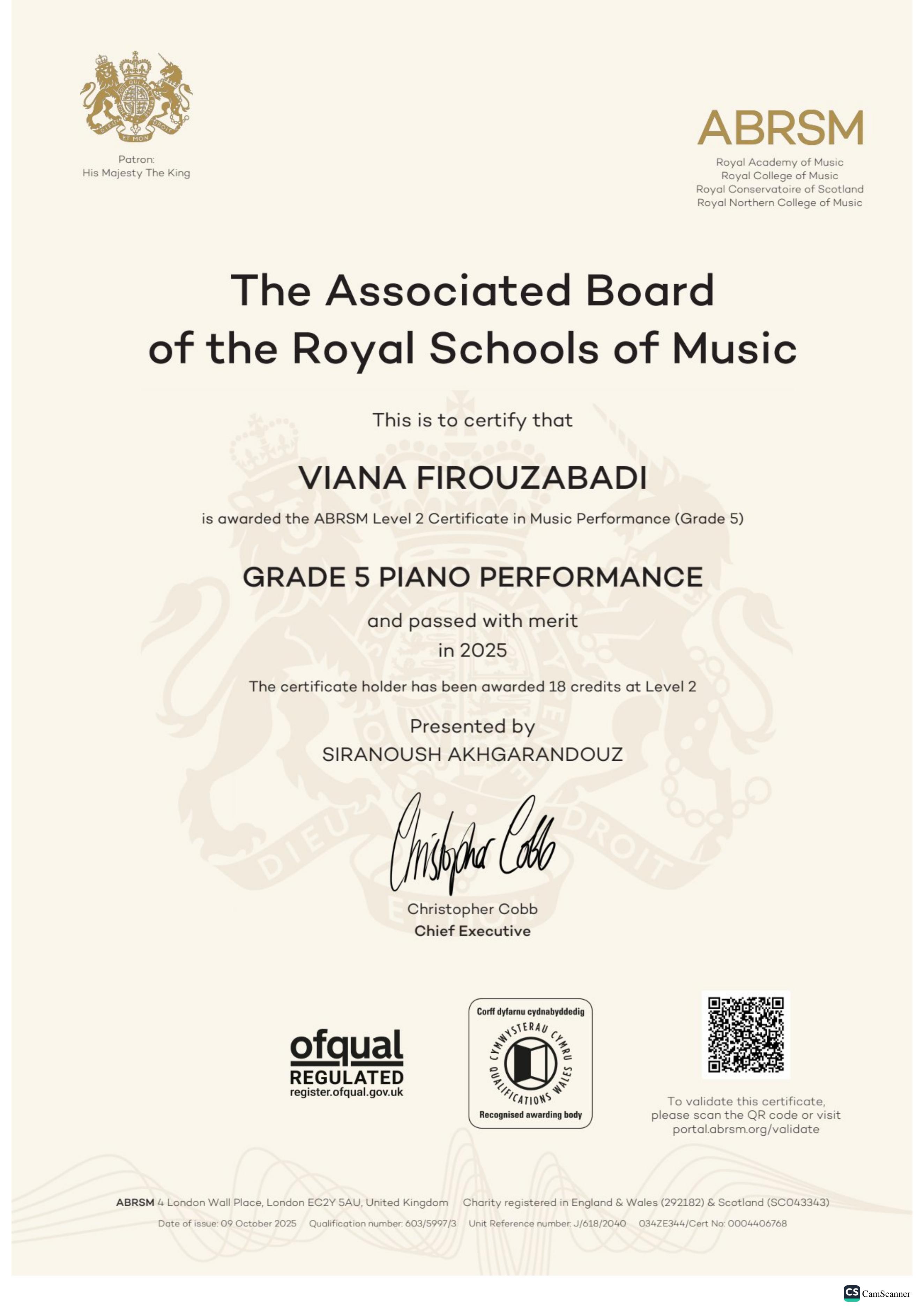 Viana Firouzabadi - RCM Grade 5 Piano Certificate